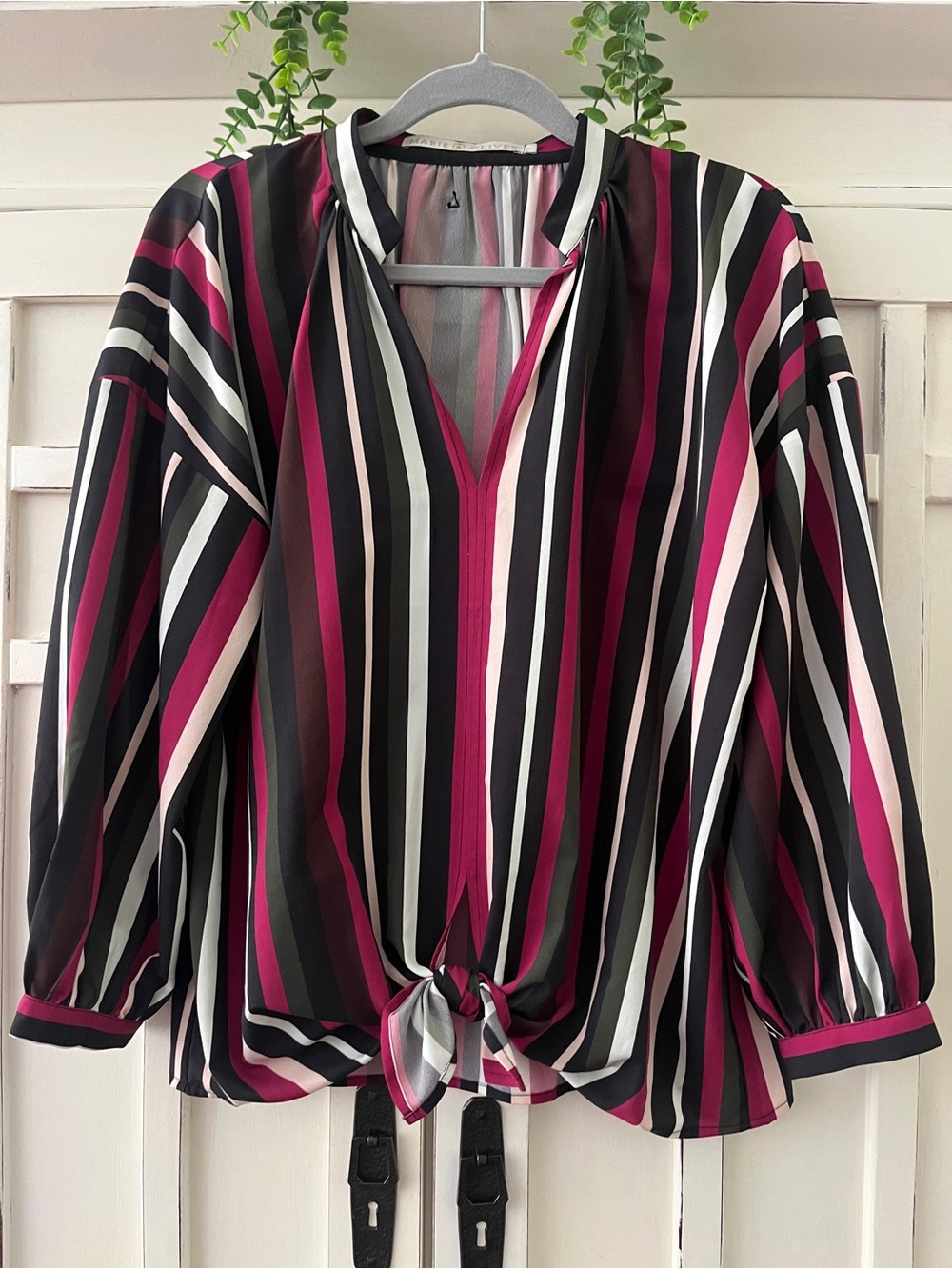 Marie Oliver Striped Tie-Front Blouse - Magenta, Black, White, Gray Green
